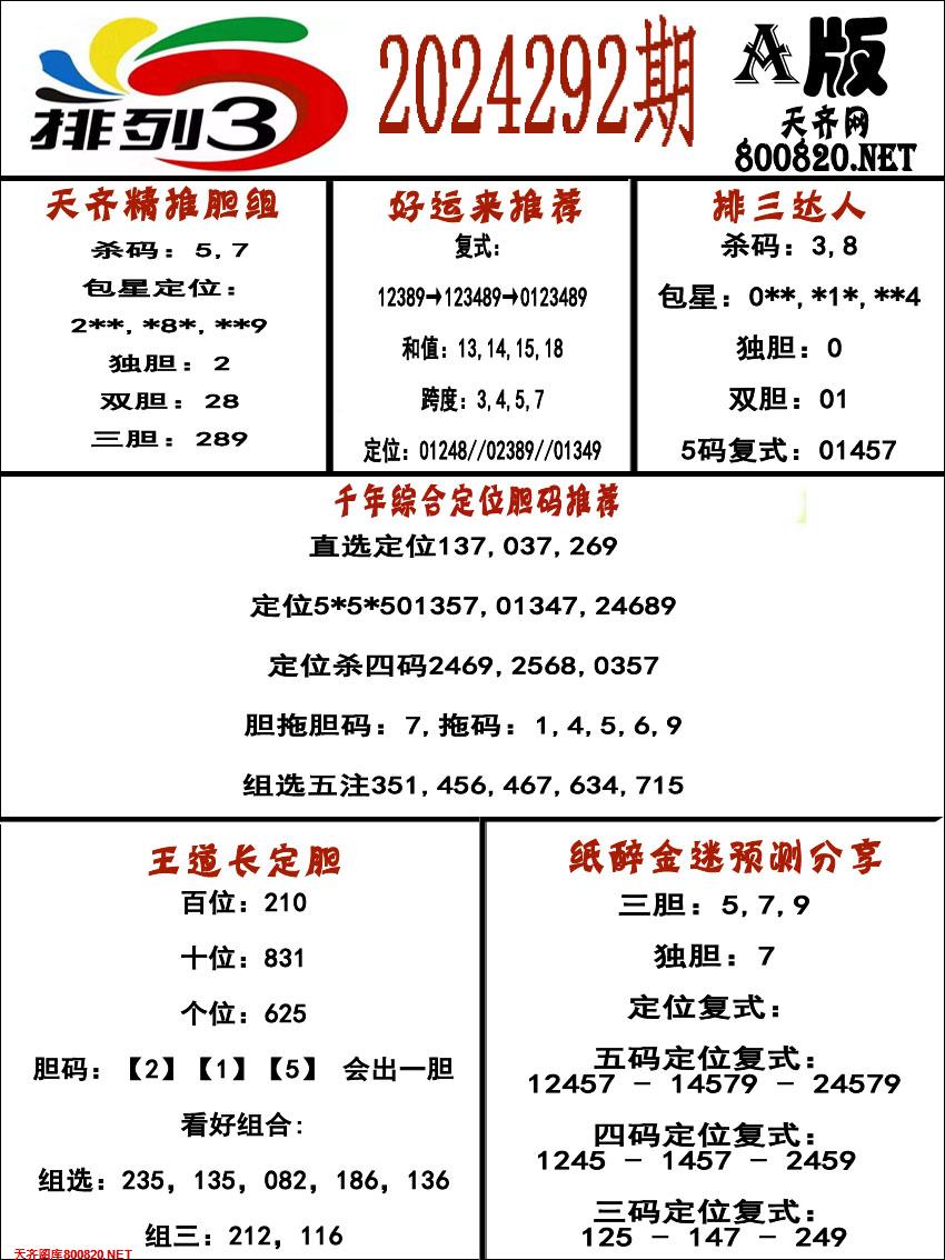排三专家推荐A版 _排列三图库_天齐图库_天齐网